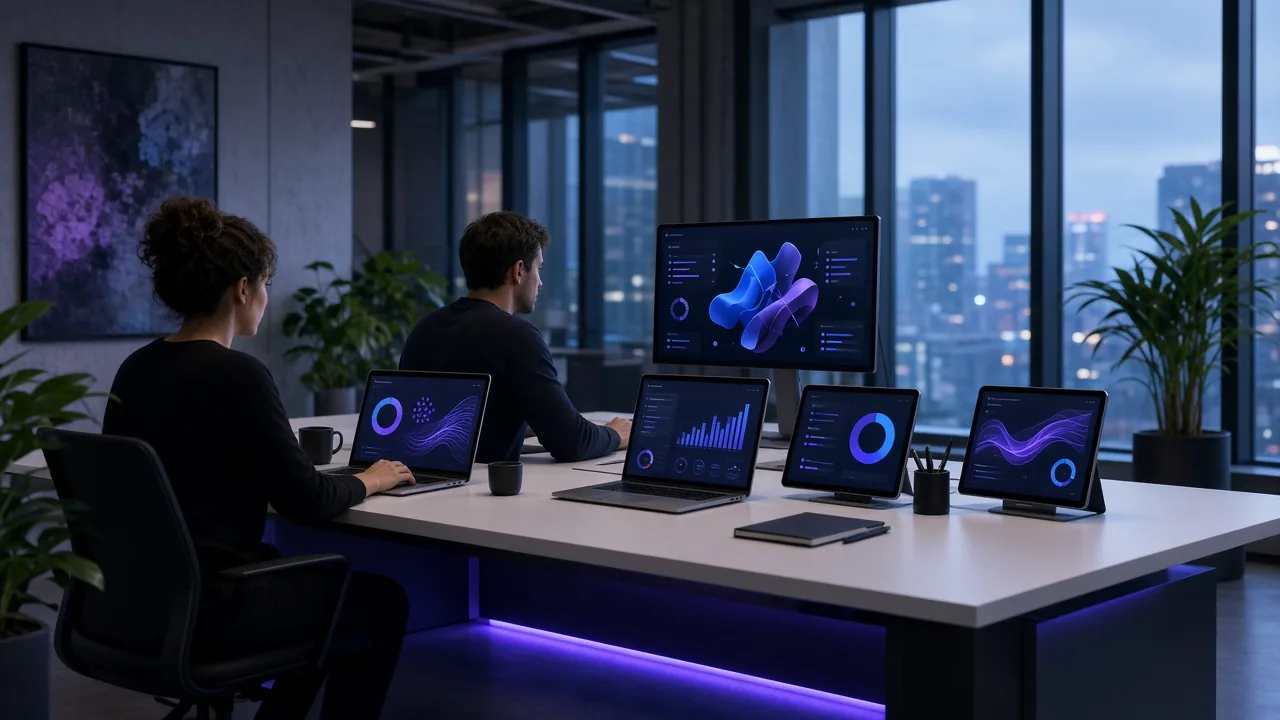 Agency studio with multiple calendars on laptops