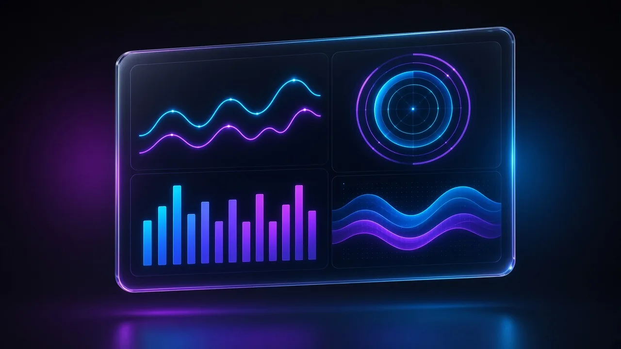 Dark glass analytics dashboard with reach and growth charts
