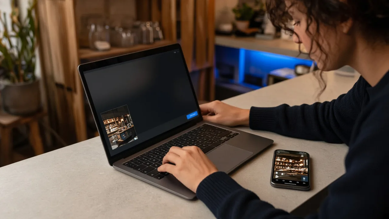 Owner drafting a caption on a laptop beside a product photo