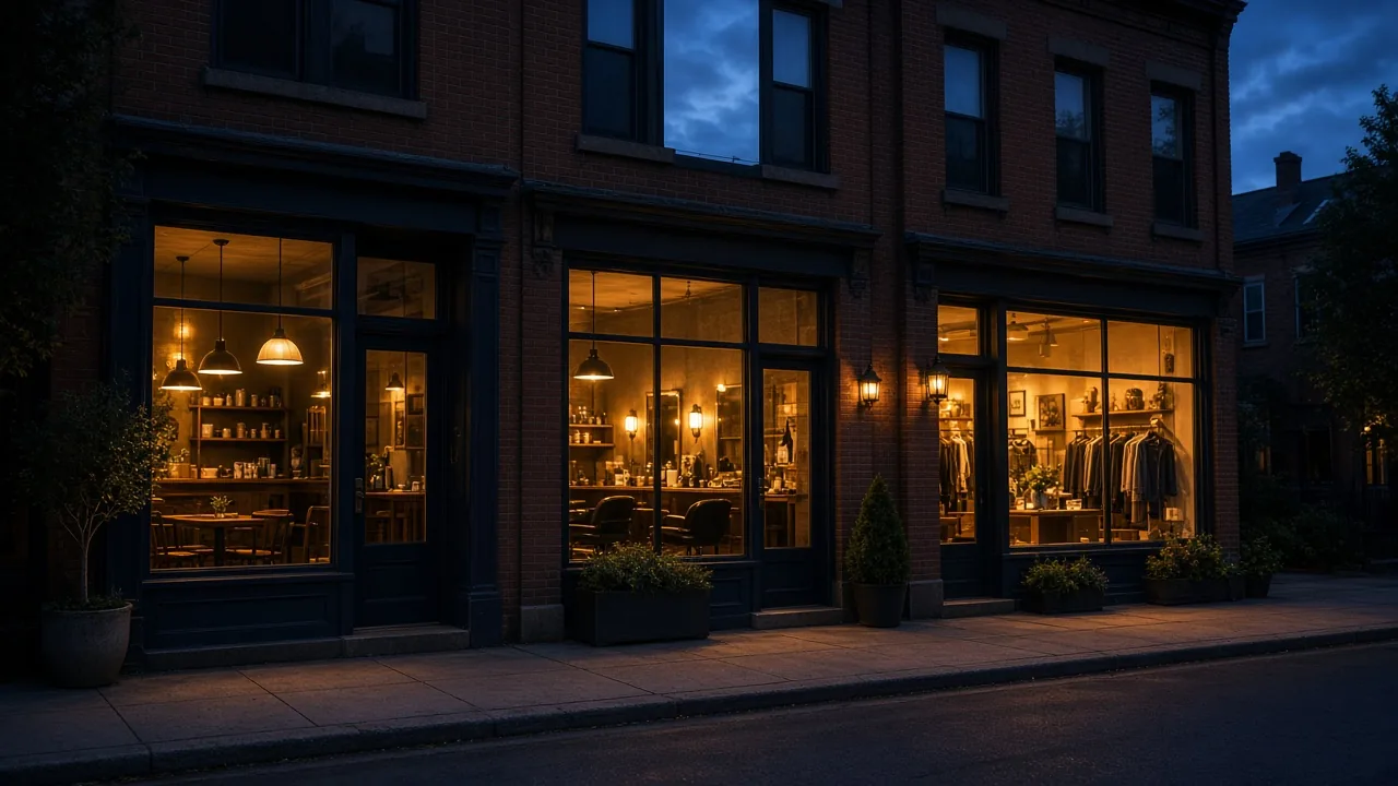 Row of local storefronts at dusk