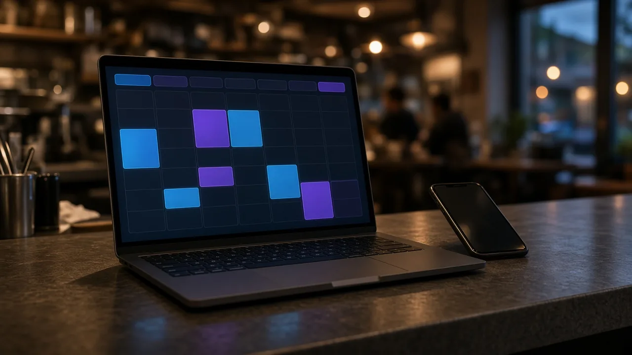 Laptop on a shop counter with a weekly posting schedule
