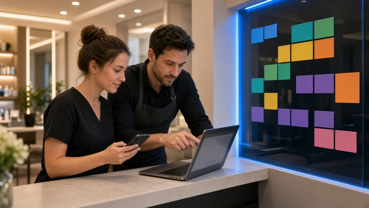 Two staff reviewing a shared posting calendar